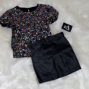 80. 365 Kids Sequin Top & Art Class Faux Leather Skirt Set Size 6/7